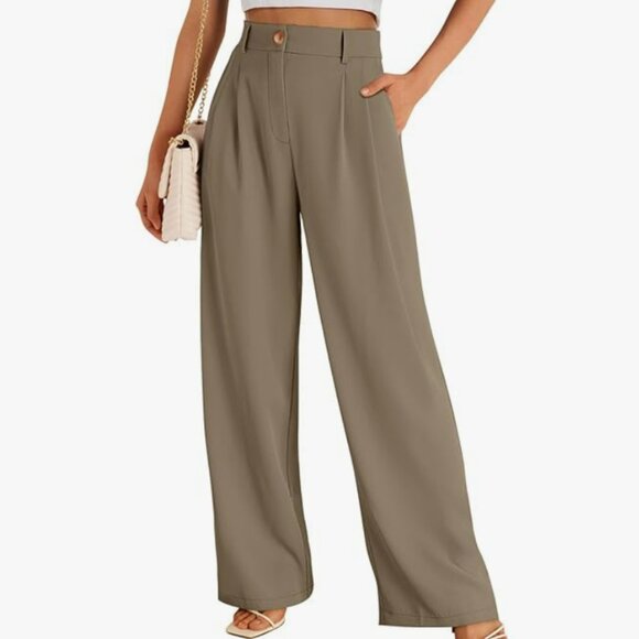 Taupe Brown Wide Leg Dress Pants Women's High Waisted Dressy Trousers - Picture 1 of 4